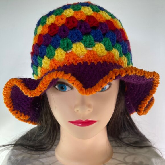 Crochet Bucket Hat Granny Square Pattern Rainbow Colors Taller Adult Handmade main image 5